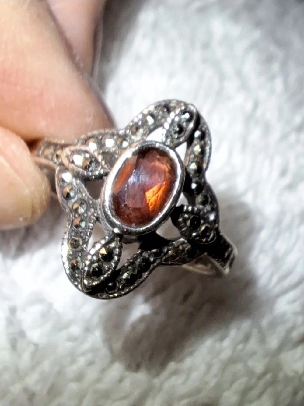 Garnet & Marcasite Sterling Silver Ring